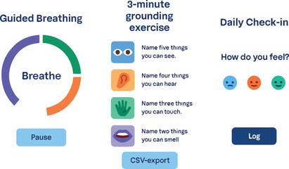 Obraz premium Mindfulness App UI Kit with Guided Breathing, Grounding, and Mood-Check Screens 