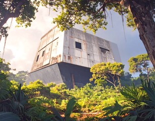 Modern cube structure nestled in jungle