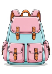 Pink and light blue backpack with brown leather straps and buckles 4k video