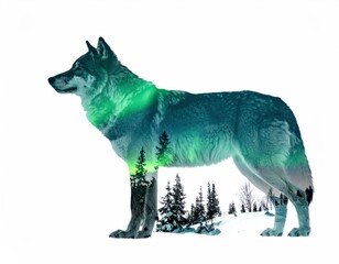 Wolf silhouette northern lights landscape