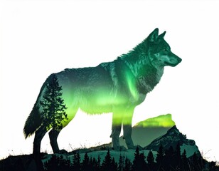 Wolf silhouette overlayed with aurora borealis