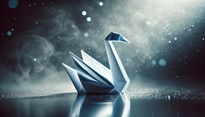 A beautifully crafted origami goose placed on a dark reflective surface, illuminated by soft dramatic lighting