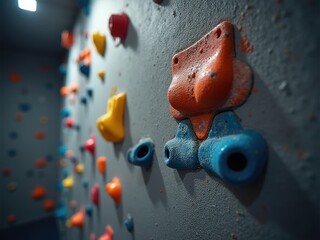 Colorful climbing holds fixed on indoor training wall