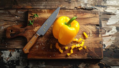 Yellow pepper sliced on wooden cutting board