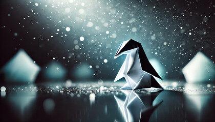 A beautifully crafted origami penguin placed on a dark reflective surface, illuminated by soft dramatic lighting