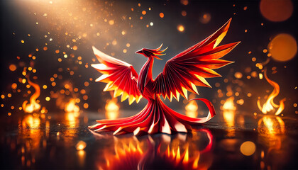 A beautifully crafted origami phoenix placed on a dark reflective surface, illuminated by soft dramatic lighting