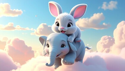 Adorable rabbit on elephant cloud ride