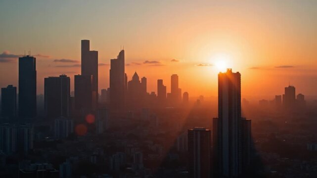 city skyscrapes with lense flairs at sunset