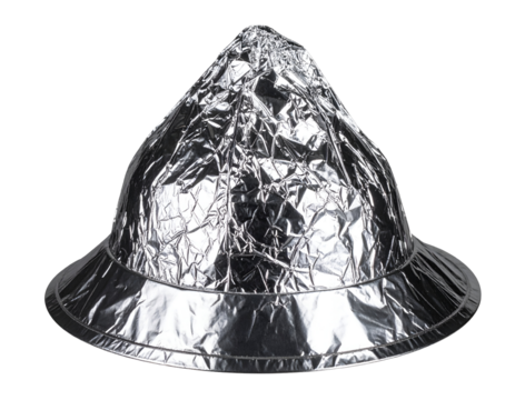 A shiny, metallic hat made of aluminum foil, shaped like a classic pith helmet, reflecting light and shadows.