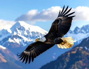 Bald eagle soaring over snowy mountains