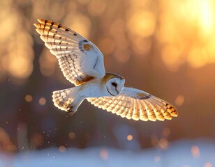 Barn owl soaring in golden light