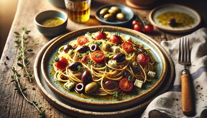A beautifully plated dish of Greek spaghetti served on a rustic ceramic plate. The spaghetti is tossed in a light olive oil and garlic sauce