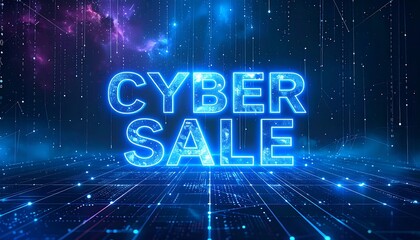A vibrant digital art piece displaying "CYBER SALE" in glowing blue, set against a dynamic, starry space background with lines