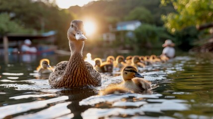 Fototapeta premium A group of ducklings follows their mother in a perfect, single-file line through the calm water