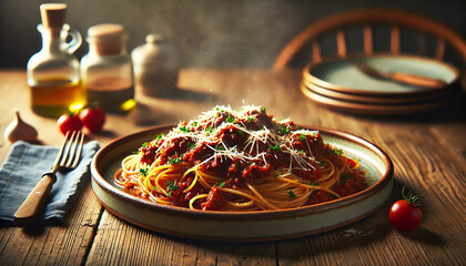 A beautifully plated dish of spaghetti Bolognese served on a rustic ceramic plate. The spaghetti is coated in a rich, slow-cooked Bolognese sauce