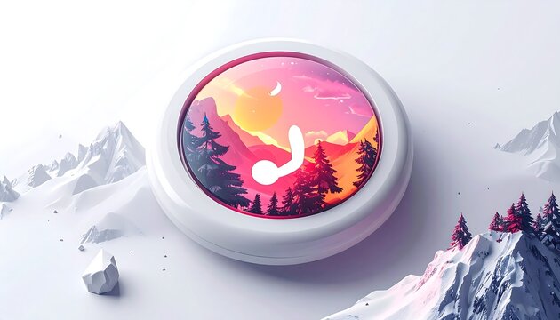 A stylized music-themed image depicting a snowy mountain landscape within a white circular emblem. The scene features a vibrant sunset, trees, and a musical note - Powered by Adobe