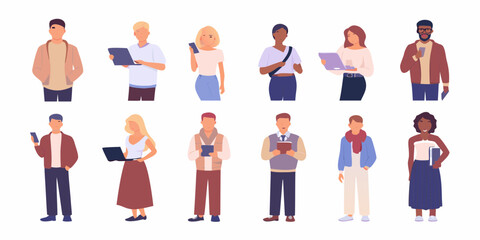 Diverse group of young adults holding laptops phones and books in a flat illustration style