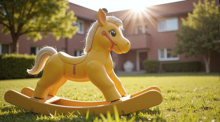 Close-up of a yellow rocking horse on the grass under sunlight,The rocking horse radiates joy and playful nostalgia.