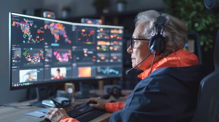 Senior woman wearing headset is focused on computer screen displaying data analytics and visualizations, showcasing modern technology in a professional environment