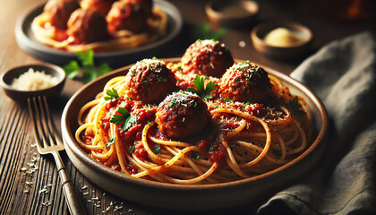 A close-up of a plate of spaghetti and meatballs served on a rustic ceramic dish. The spaghetti is coated in a rich, savory tomato sauce