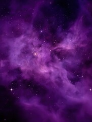 Naklejka premium Stunning purple sky filled with shining stars and colorful nebula clouds in photorealistic cosmic night scene, capturing the beauty of outer space and dreamy universe atmosphere.