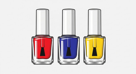 Three nail polish bottles in red, blue and yellow colorful nail polish bottles for manicure and pedicure in a row