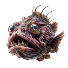 Fototapeta premium Png of a scary fish with sharp teeth isolated on transparent background, showcasing its unique features and textures in a closeup studio shot