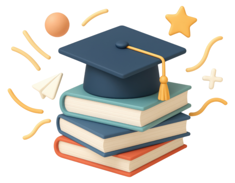 Stack of Books with Graduation Cap and Educational Icons on White Background mortarboard isolated on a transparent background