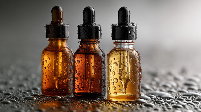 Set di flaconi in vetro ambrato con contagocce, gocce d&rsquo;acqua e luce radente su fondale neutro. Still life premium per skincare, profumi, cosmetici naturali, spa e packaging wellness.