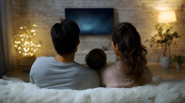Family relaxing together on a couch watching television in a cozy living room with soft lighting