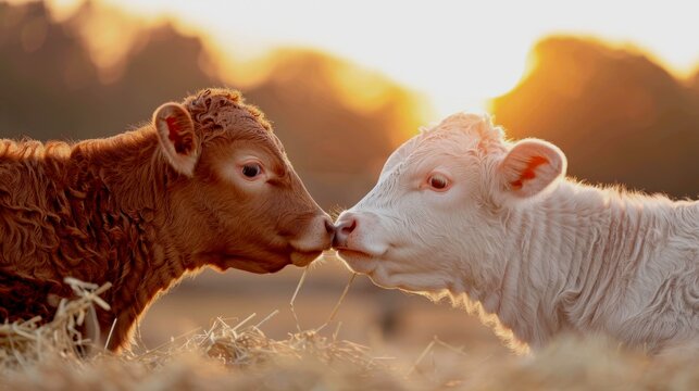 Two curious calves are gently nudging and sniffing each other's faces in a playful, exploratory greeting