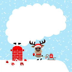 Weihnachtsmann im Schornstein Und Rentier Sonnenbrille Mit Schlitten Dach Schnee Blau