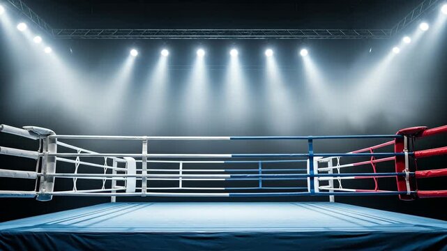 Empty Boxing Ring with Spotlights - A professional boxing ring stands empty under bright spotlights in a smoky arena. The video is cinematic and dramatic, perfect for sports-related projects.