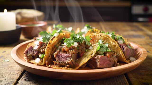 Hot, steaming tacos on a wooden plate