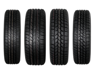 Four distinct tire designs showcasing varying tread patterns and textures for automotive applications.