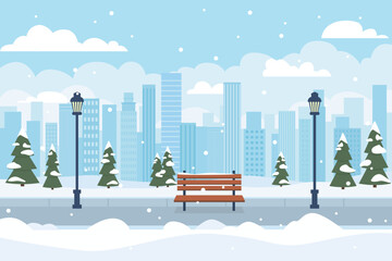 Winter city park with snow-covered fir trees, snowdrifts, and city skylines. A bench in a beautiful winter city park. A cozy park. Winter Christmas vector illustration.
