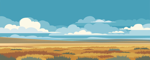 Landscape with beautiful steppe fields, hills, and a blue sky with clouds. Vector illustration of steppe nature. Meadows with yellow grass. Yellow fields.