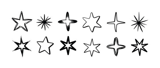 A Collection of Hand-Drawn Star and Sparkle Icons in Black and White