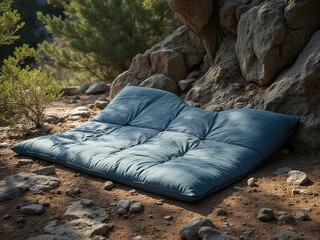 Foldable crash pad placed on rocky outdoor ground