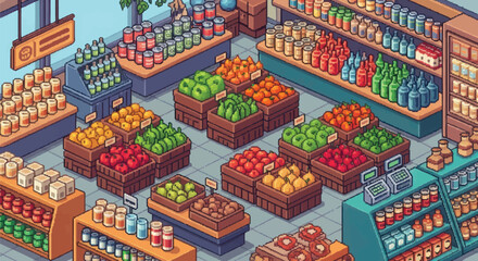 Explore this vibrant pixel art grocery store filled with fresh produce, bottled goods, and canned items, a nostalgic scene for retro gaming or design projects
