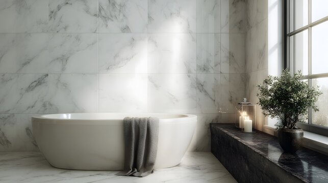 A modern bathroom with a freestanding marble bathtub natural light from a window and decorative candles - Powered by Adobe