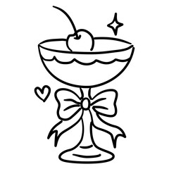 A cocktail glass with ribbon and cherry Elegant Line Art Illustration for Bachelorette Party Celebration Festive Drink Outline Drawing for Invitations Greeting Cards and Party Decor