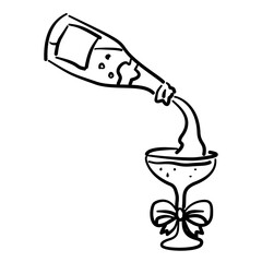 Champagne Pouring into a Cocktail Glass with Ribbon Elegant Line Art Illustration for Bachelorette Party Celebration Festive Drink Outline Drawing for Invitations Greeting Cards and Party Decor