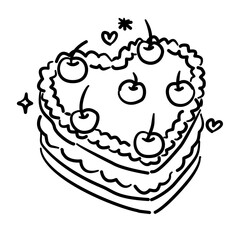 Heart shaped cake with cherries on top Line Art Illustration for Bachelorette Party Celebration Festive Drink Outline Drawing for Invitations Greeting Cards and Party Decor