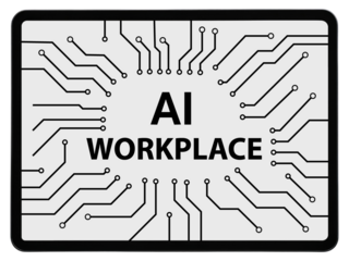 Tablet screen displaying AI WORKPLACE with circuit board design artificial intelligence workplace isolated on a transparent background