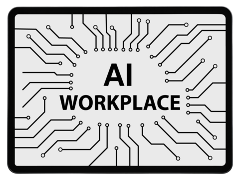 Tablet screen displaying AI WORKPLACE with circuit board design artificial intelligence workplace isolated on a transparent background - Powered by Adobe