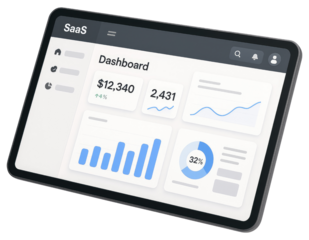 Tablet displaying SaaS dashboard with financial charts and analytics device technology isolated on a transparent background