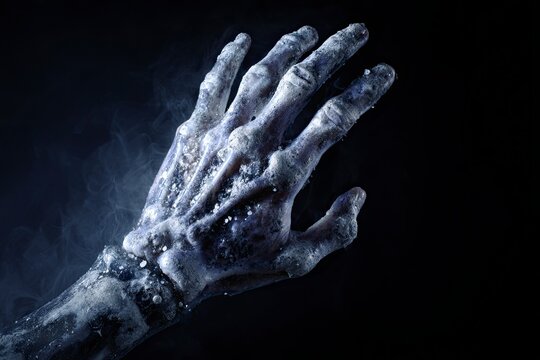 Mysterious Hand Covered in White Chalk Dust on Black Background