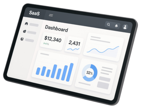 Tablet displaying SaaS dashboard with financial charts and analytics device technology isolated on a transparent background