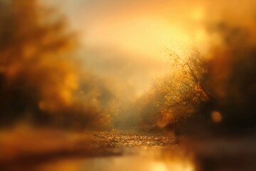 Blurred autumn nature landscape background, serene autumn meadow with birch trees and falling leaves in soft golden sunlight